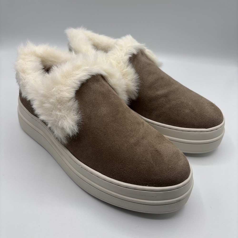 J Slides NYC Taupe Suede Neel Fur Trim Slip On Sneaker‎ Size 6M